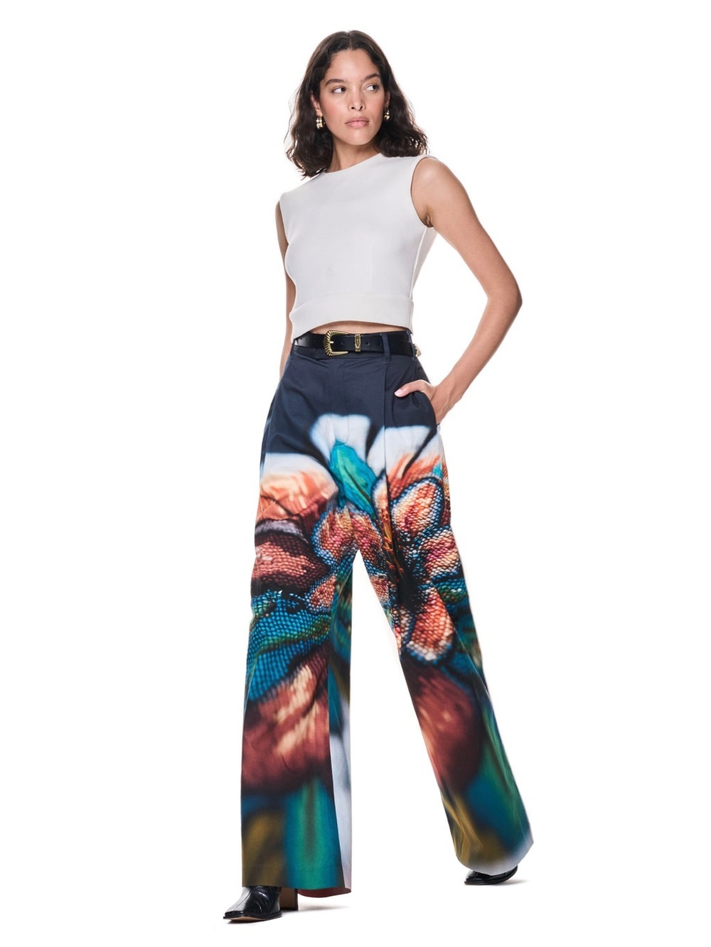 The Kit. High Rise Leigh Trouser Wide Leg Floral Navy Cross Stitch